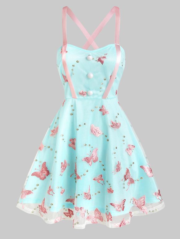 Robe Patineuse sans Manches en Maille Papillon Brodé - Bleu Oeuf de Robin 3XL