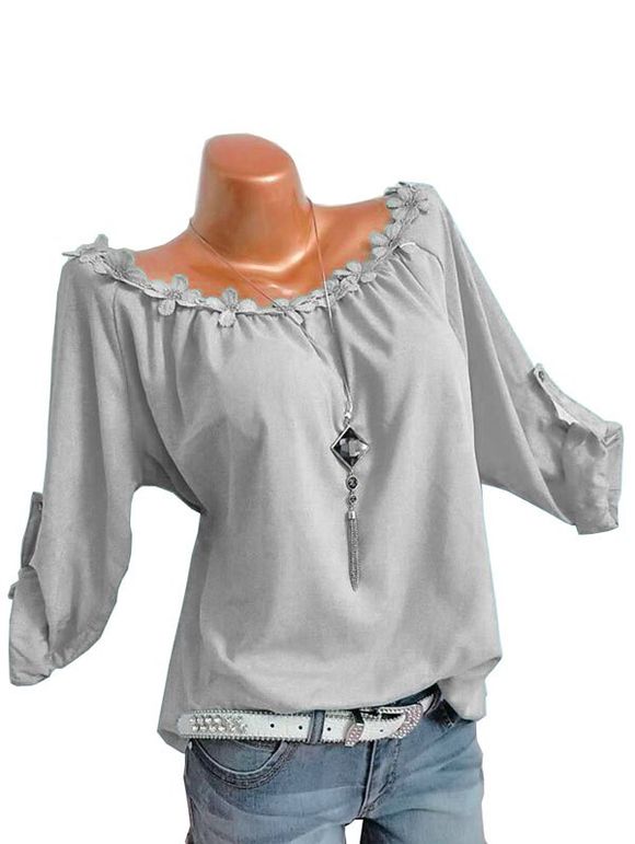 Haut Fleur à Manches Roulées de Grande Taille - Gris Foncé 3XL