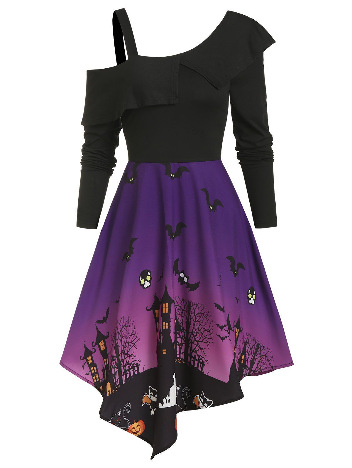 Robe d'Halloween Asymétrique Motif de Chauve-souris et de Nuit à Taille Haute - multicolor A 3XL