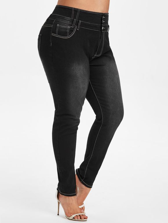 Jean Moulant à Taille Haute de Grande Taille avec Poches - Noir 4X
