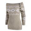Off Shoulder Button Side Zig Zag Geometric Sweater - LIGHT COFFEE XL