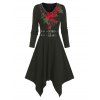 Floral Embroidery Dual Belts Asymmetrical Long Sleeve Dress - BLACK 2XL