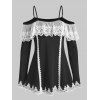 T-shirt Décontracté Panneau en Dentelle à Epaule Dénudée - Noir 2XL