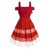 Christmas Party Dress Cold Shoulder Acanthus Print Twist Front Pleated Dress - RED M