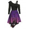 Robe d'Halloween Asymétrique Motif de Chauve-souris et de Nuit à Taille Haute - multicolor A L