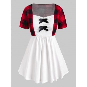 

Plus Size Plaid Bowknot Faux Twinset T Shirt, White