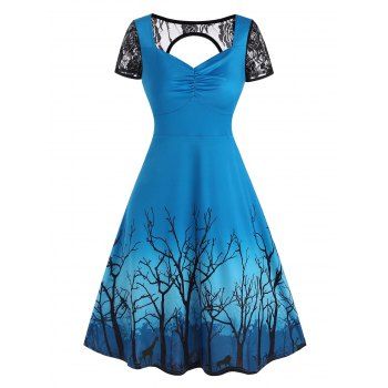 

Lace Panel Cutout Branch Print Dress, Blue