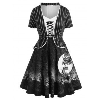 

Stripes Dragon Oriental Lace Up Plus Size Dress, Black