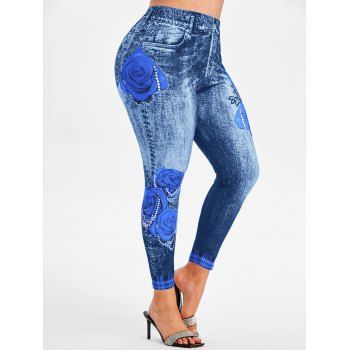 

Floral Plaid 3D Print High Waisted Plus Size Jeggings, Blue