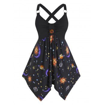 

Plus Size Moon and Sun Cross Back Handkerchief Tank Top, Black
