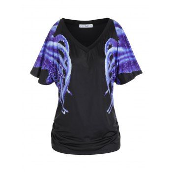 

Plus Size Octopus Print Flutter Sleeve Ruched Tee, Black