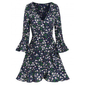 

Floral Print Poet Sleeve Flounced Wrap Dress, Midnight blue