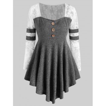 

Lace Panel Heathered Ribbed Button Front Plus Size Top, Gray