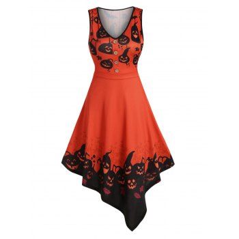 

Pumpkin Print Fit And Flare Asymmetric Dress, Black