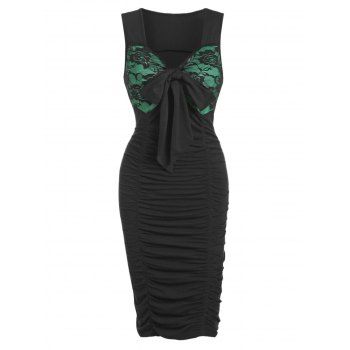 Image of Lace Panel Bowknot Ruched Sleeveless Bodycon Dress