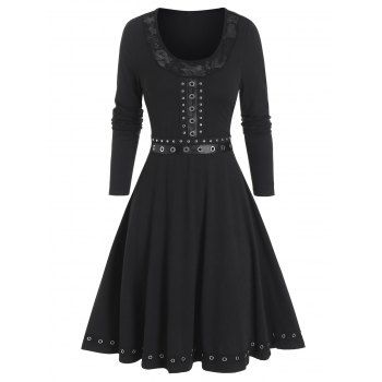 

Lace Panel Grommet Trim Mini High Waist Dress, Black