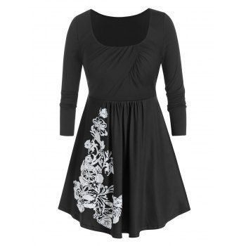 

Plus Size Gathered Floral Print T Shirt, Black