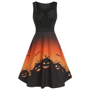 

Halloween Pumpkin Print High Waist Sleeveless Mid Calf Dress, Multicolor a