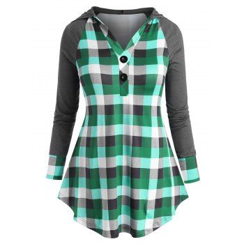 

Plaid Raglan Sleeve Two Buttoned Plus Size Hoodie, Green