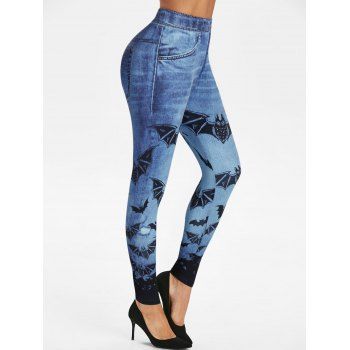 

Bat Print Elastic Waist Skinny Faux Jean Leggings, Denim blue