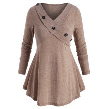 

Heathered Mock Buttons Criss Cross Plus Size Top, Light coffee