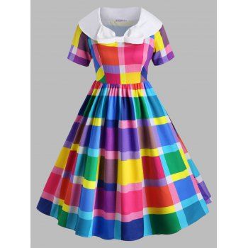 

Bowknot Collar Colorful Plaid Plus Size Vintage Dress, Multicolor