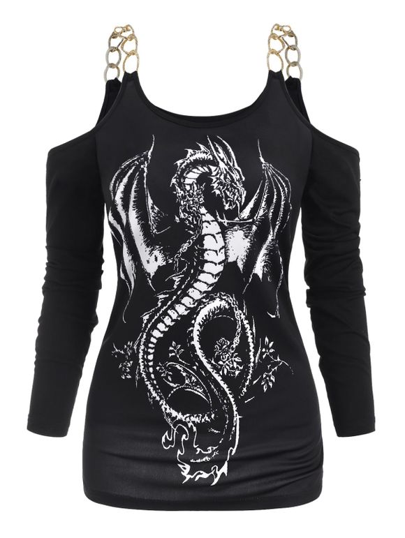 T-shirt Dragon Oriental Imprimé à Epaule Dénudée de Grande Taille - Noir 2X