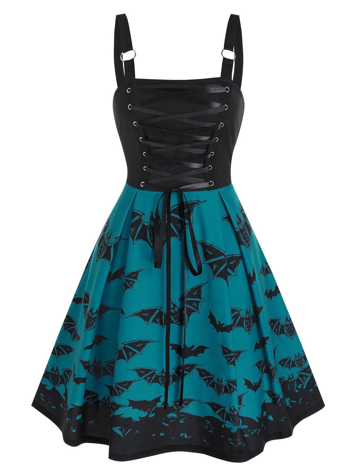 Lace Up Bat Print High Waist Cami A Line Dress - BLACK S
