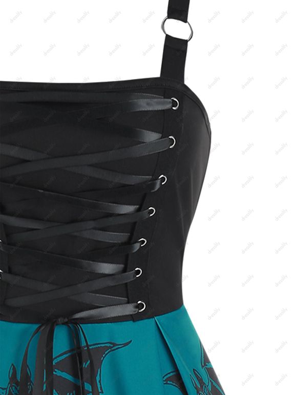 Robe Ligne A à Bretelle Chauve-souris Imprimé à Taille Haute à Lacets - Noir XL