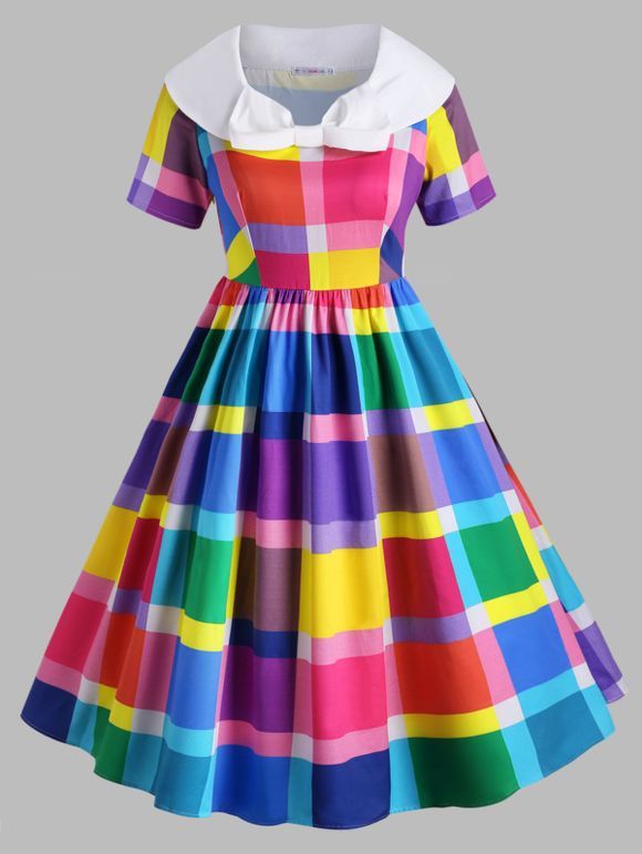 Robe Vintage à Carreaux de Grande Taille à Col avec Nœud Papillon - multicolor 2X