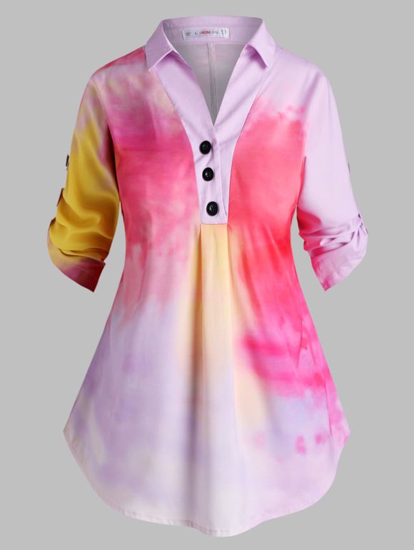 Haut Tie-Dye à Manches Roulées Orné de Bouton Grande Taille - Rose clair L