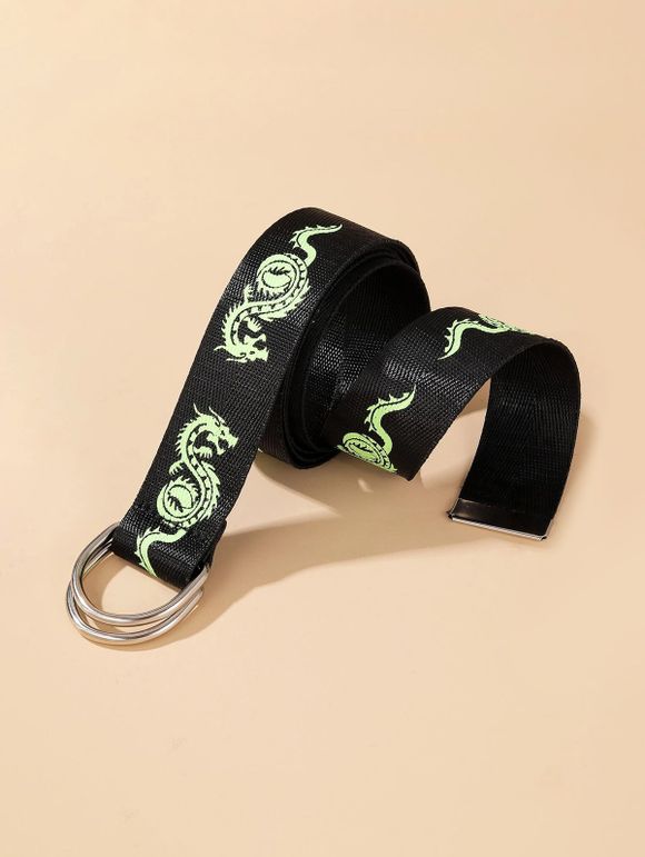 Ceinture Bouclée Dragon Chinois Imprimé en Canevas avec Double Anneau en D - Noir 