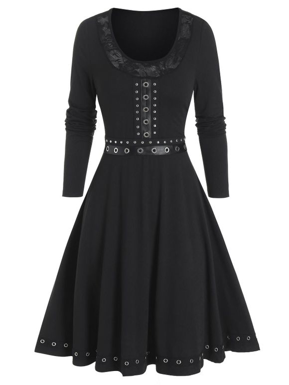 Lace Panel Grommet Trim Mini High Waist Dress - BLACK M