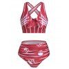 Gothic Swimsuit Skeleton Skull Striped Cut Out Bowknot Ruched Tummy Control Tankini Swimwear - RED 3XL