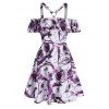 Mini Robe à Imprimé Oiseaux Epaule Dénudée à Taille Haute à Volants - multicolor A M
