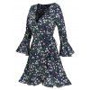Floral Print Poet Sleeve Flounced Wrap Dress - MIDNIGHT BLUE L