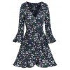 Robe à Imprimé Fleurie à Manches Longues à Volants - Bleu de Minuit 3XL