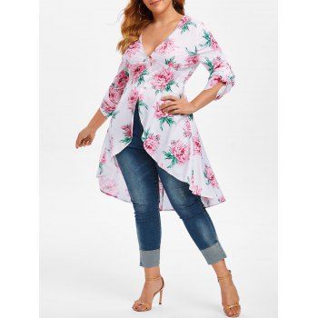 

Plus Size Plunge Floral Print High Low Blouse, White