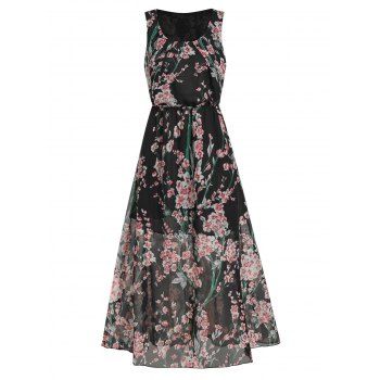 

Floral Print Elastic Waist Maxi Dress, Black