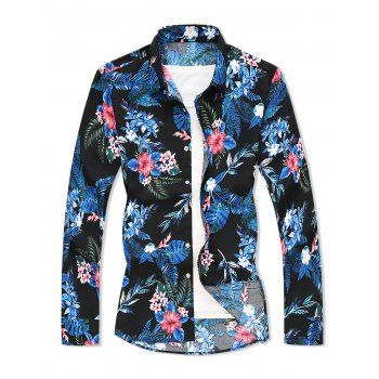 

Tropical Leaf Flower Print Long Sleeve Shirt, Black