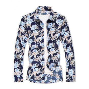 

Plant Flower Leaf Print Long Sleeve Shirt, Midnight blue