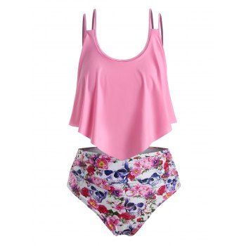 

Plus Size Ruffled Overlay Skull Floral Print Tankini Swimwear, Light pink