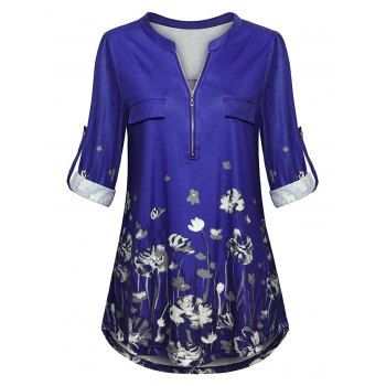 

Plus Size Half Zip Floral Print Roll Tab Sleeve Top, Blue