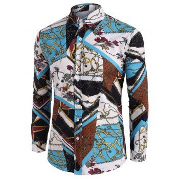 

Floral Chain Pattern Block Button Up Casual Shirt, Multicolor a