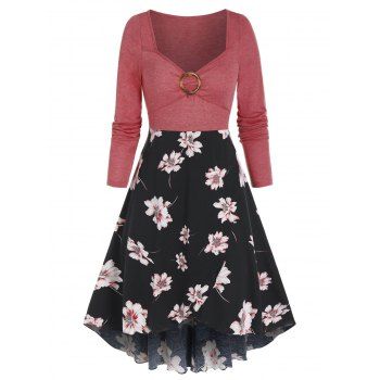

Floral Print O-ring High Waist Tulip Hem Dress, Pink rose