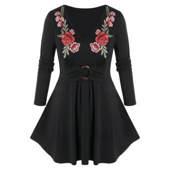 

Plus Size Flower Embroidered Long Sleeve Tunic Tee, Black