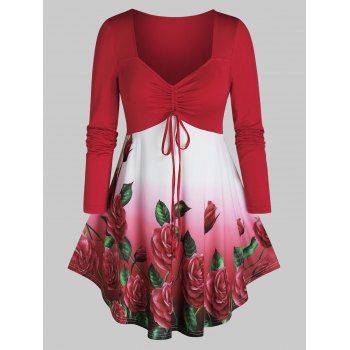 

Plus Size Ombre Flower Long Sleeve Cinched Tie Tee, Valentine red