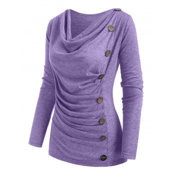 

Heather Mock Button Long Sleeves Draped Cowl Neck T-shirt, Light purple