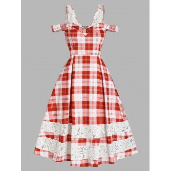 

Christmas Party Dress Plaid Print A Line Vintage Dress Cold Shoulder Lace Insert V Neck Dress, Red