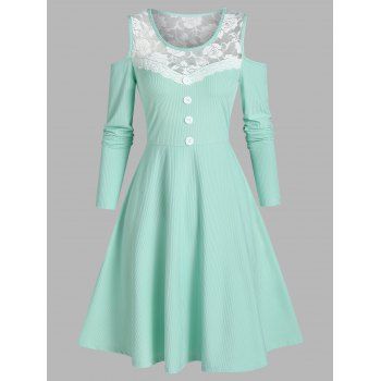 

Cold Shoulder Lace Insert Mock Button Ribbed Dress, Aquamarine